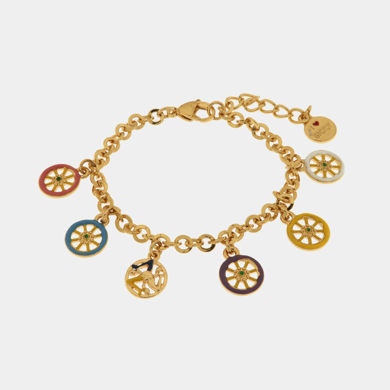 Bracciale in Metallo con ruote carro colorate e trinacria pendenti — collezione CALTAGIRONE