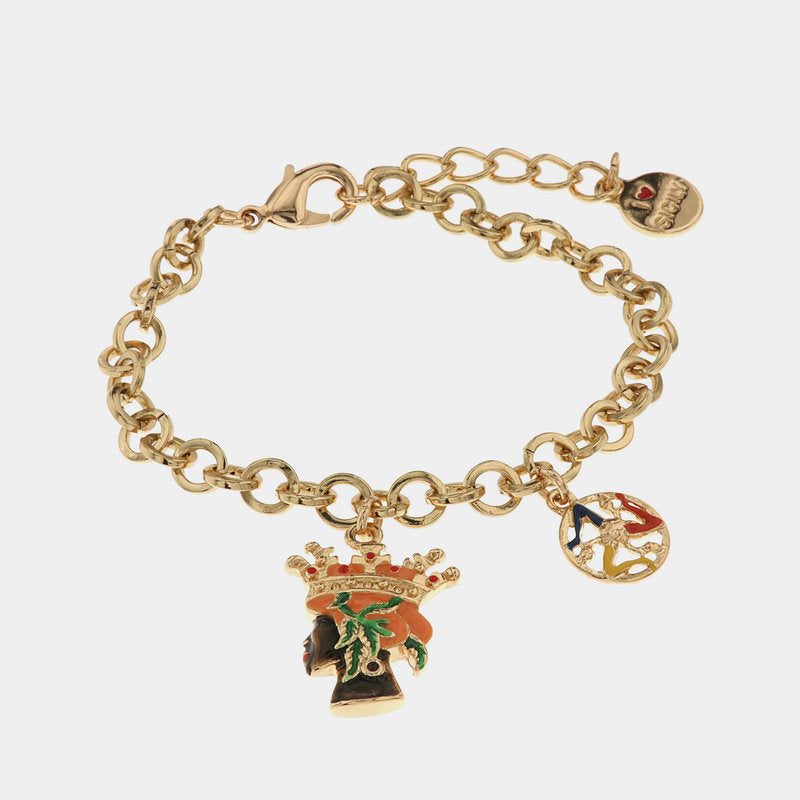 Bracciale in Metallo con testa di moro donna e simbolo di Trinacria impreziositi da smalti colorati — collezione CALTAGIRONE