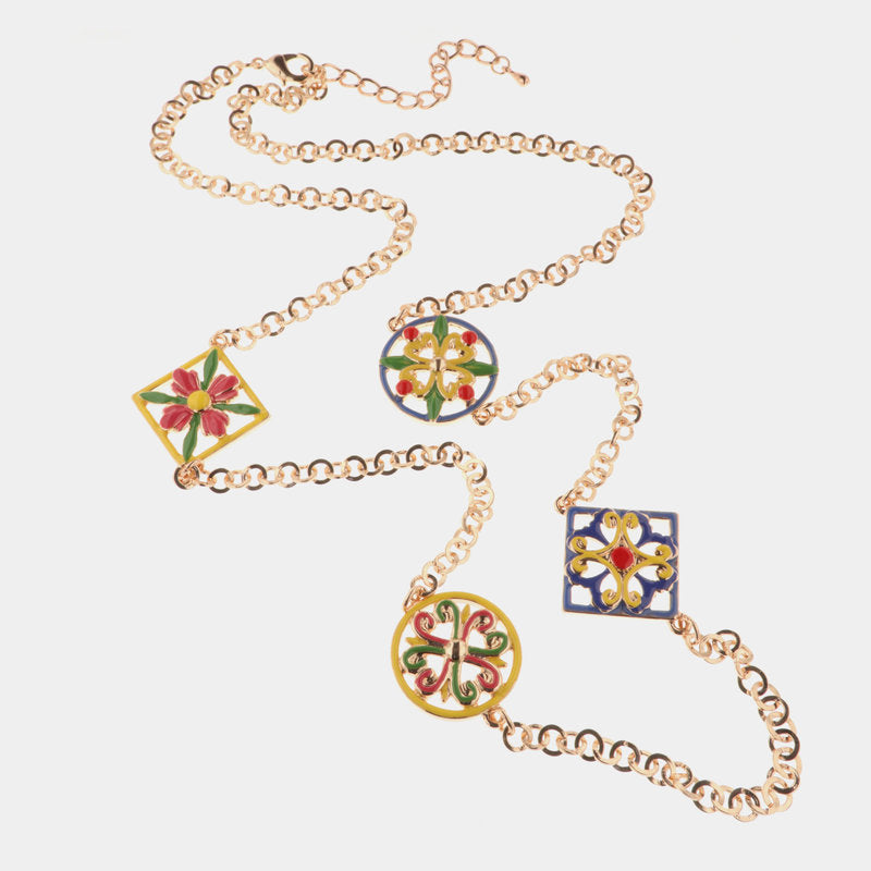 Collana in Metallo con dettagli in maiolica a fiore con smalti colorati — collezione CALTAGIRONE