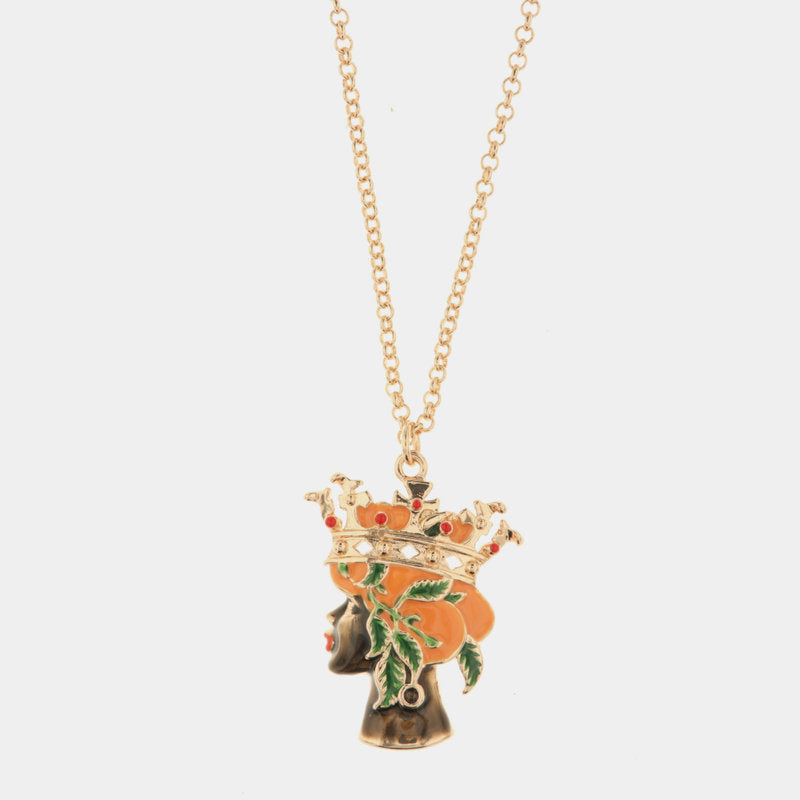 Collana in Metallo con pendente testa di moro donna con smalti e cristalli colorati — collezione CALTAGIRONE