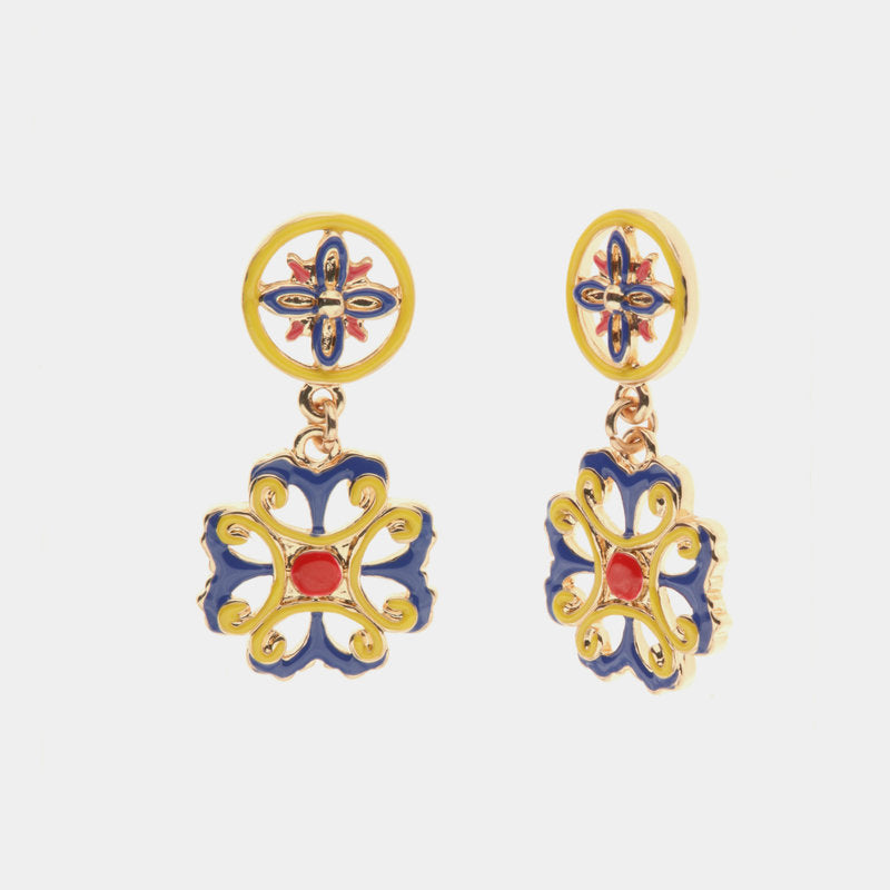 Orecchini in Metallo con maiolica a fiore smaltata blu giallo e rosso — collezione CALTAGIRONE