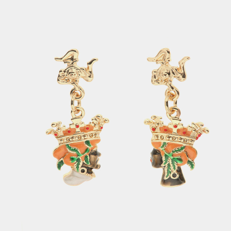 Orecchini in Metallo con simbolo di Trinacria e teste di moro impreziosite da smalti colorati — collezione CALTAGIRONE