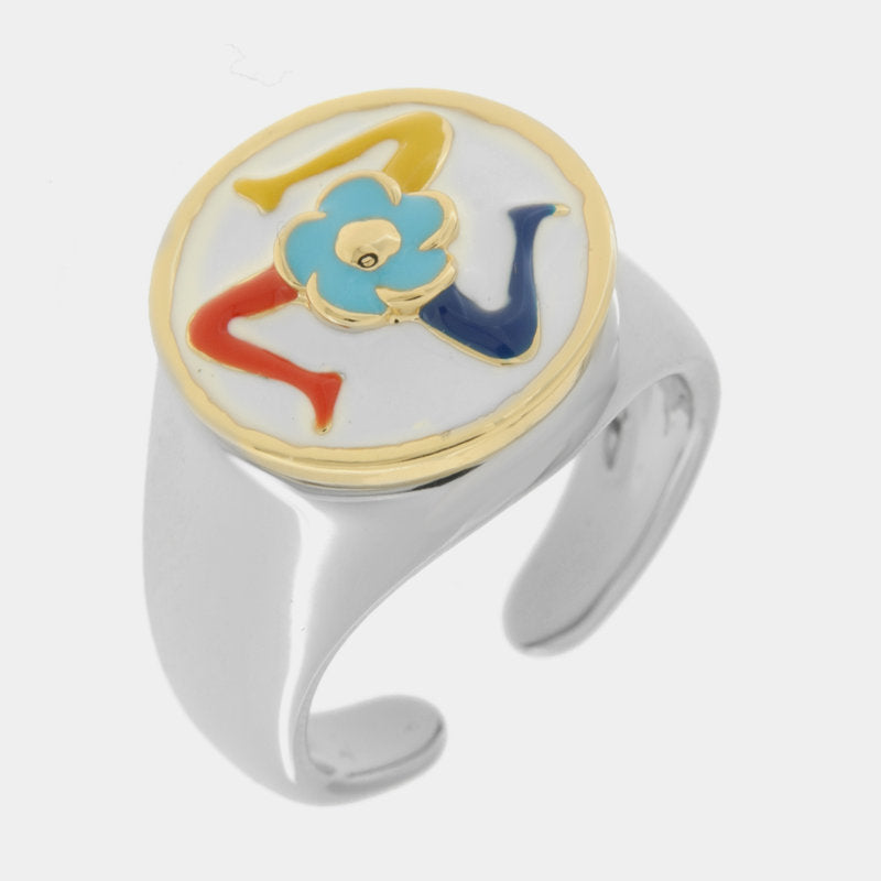 Anello in Metallo rotondo con Trinacria con fiore — collezione ETNA