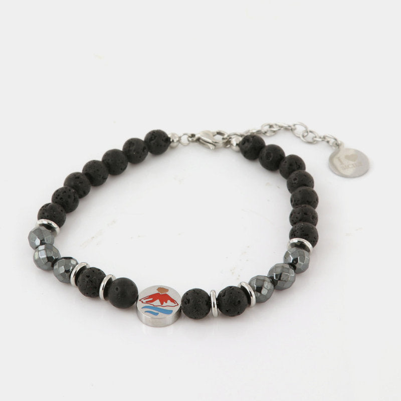 Bracciale in Acciaio con pietre nere e piastra con vulcano etna — collezione ETNA
