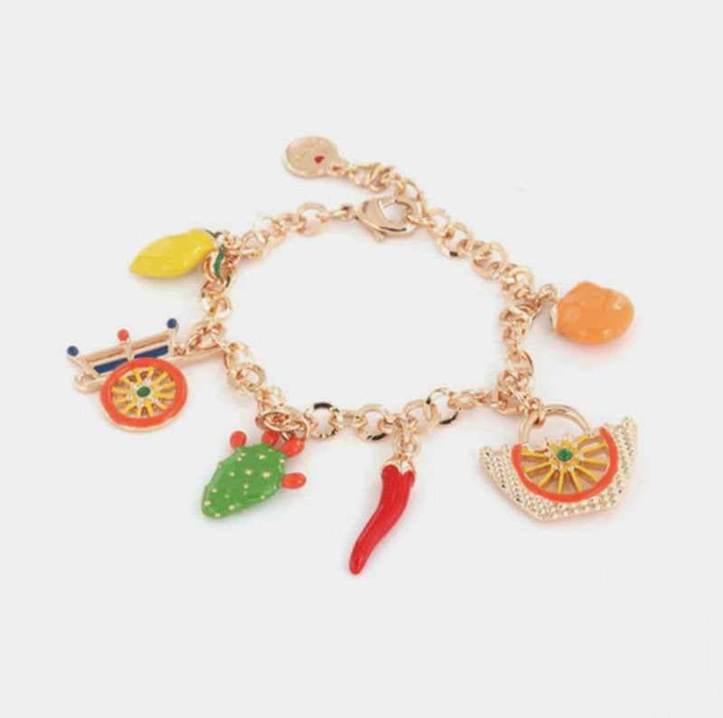 Bracciale in Metallo con charm siciliani, carretto, coffa, fico d'india, corno portafortuna — collezione ETNA