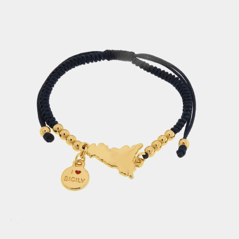 Bracciale in Metallo con cordino blu e sfere con la regione Sicilia — collezione ETNA