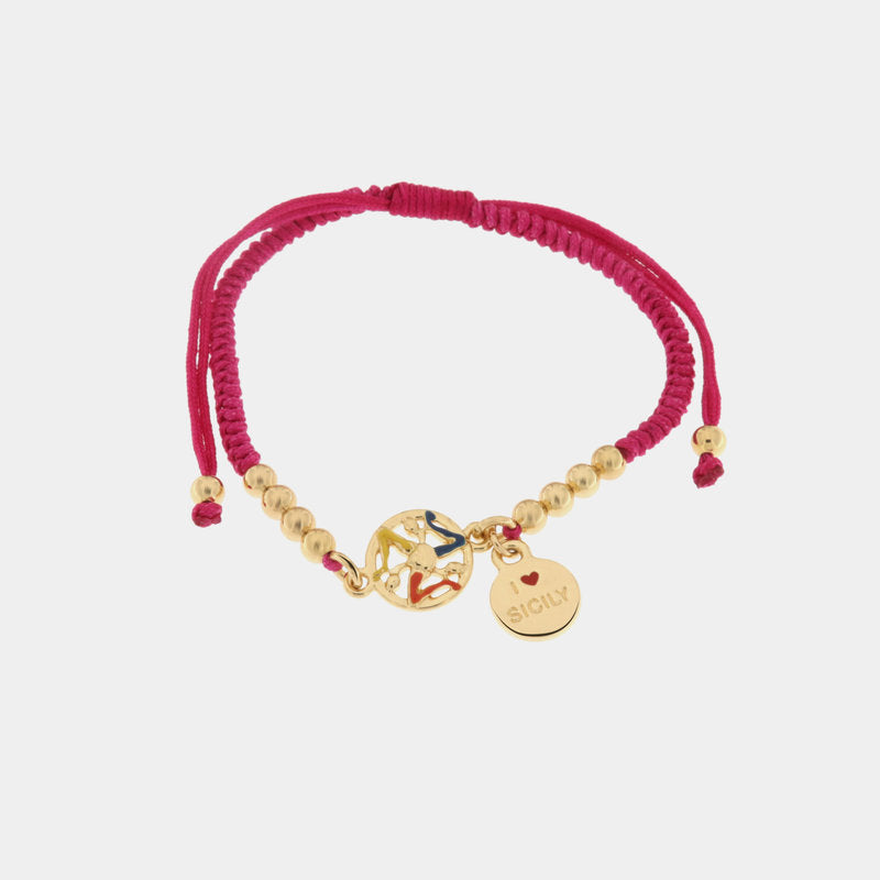 Bracciale in Metallo con cordino fucsia e trinacria — collezione ETNA
