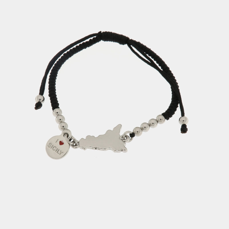 Bracciale in Metallo con Sicilia e cordino nero — collezione ETNA