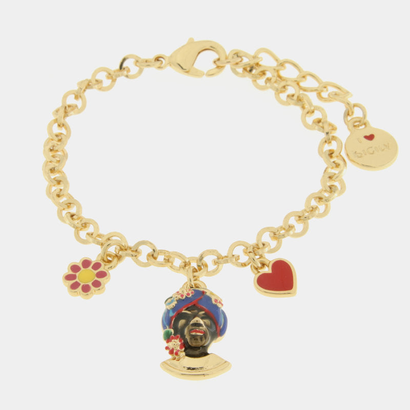 Bracciale in Metallo con testa di Moro blu  fiore  e cuore — collezione ETNA