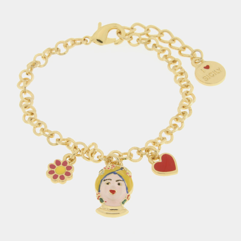 Bracciale in Metallo con testa di Moro gialla  fiore  e cuore — collezione ETNA