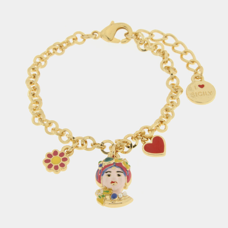 Bracciale in Metallo con testa di Moro rosa  fiore  e cuore — collezione ETNA
