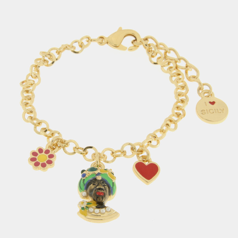 Bracciale in Metallo con testa di Moro verde  fiore  e cuore — collezione ETNA