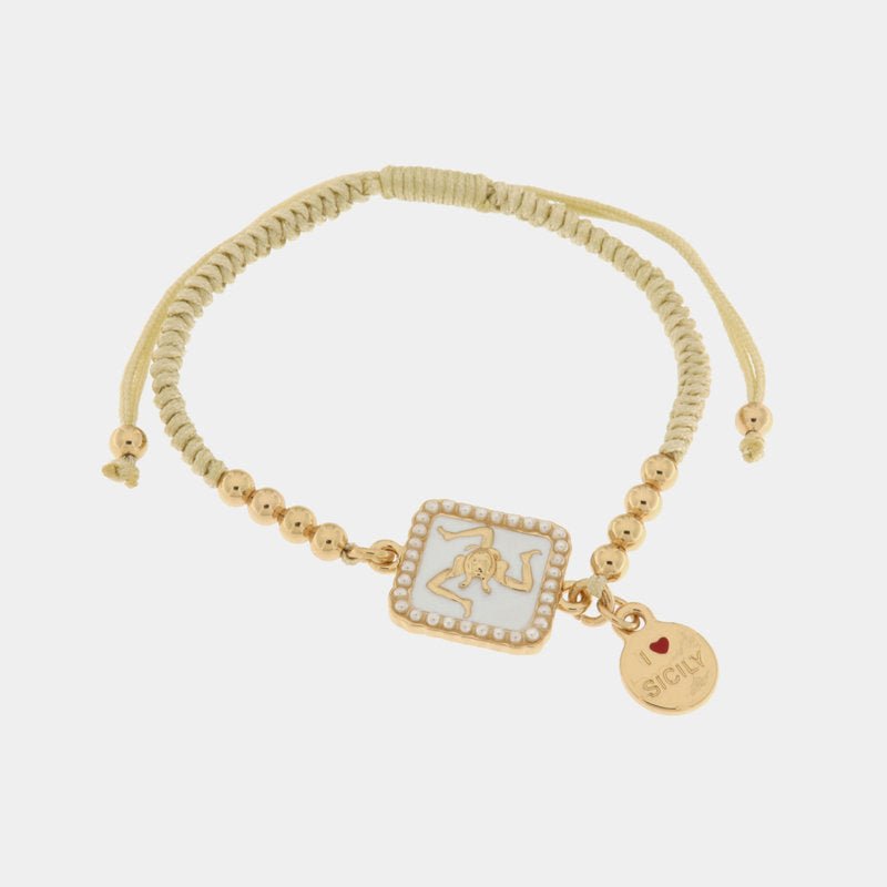 Bracciale in Metallo con trinacria e cordino bianco — collezione ETNA