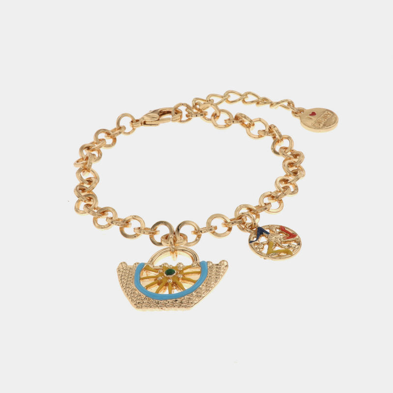 Bracciale in Metallo maglia a rolò con charm coffa e trinacria impreziositi da smalti colorati — collezione ETNA