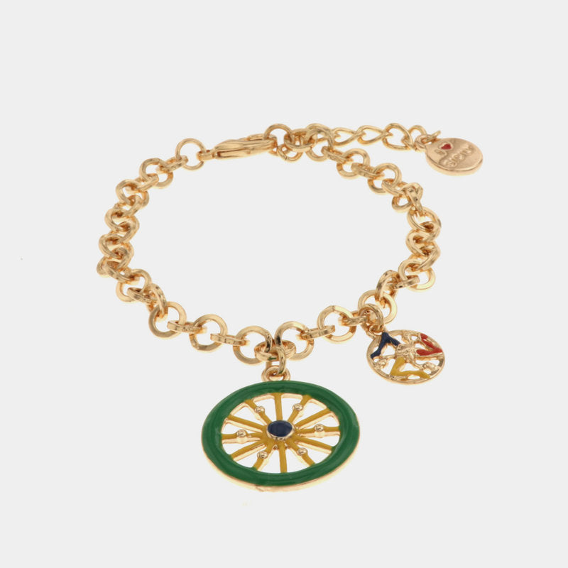 Bracciale in Metallo maglia a rolò con charm ruota carretto e trinacria con smalti colorati — collezione ETNA