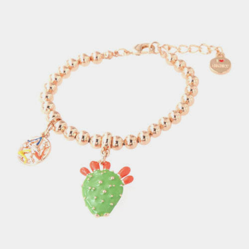 Bracciale in Metallo maglia a sfere, con fico d'india pendente, impreziosito da smalto verde e punte di smalto rosso — collezione ETNA
