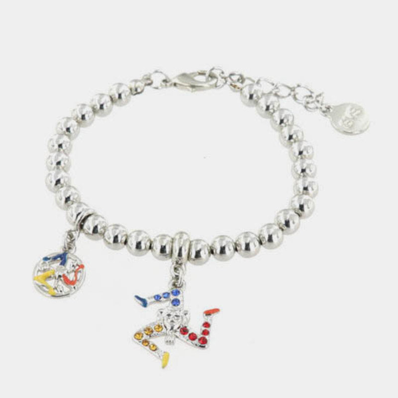 Bracciale in Metallo maglia a sfere con trinacria pendente impreziosita da cristalli multicolore — collezione ETNA
