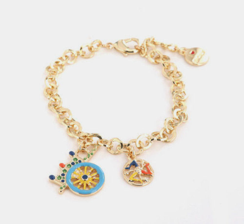 Bracciale in Metallo maglia rolò, con carretto siciliano pendente impreziosito da smalti colorati — collezione ETNA