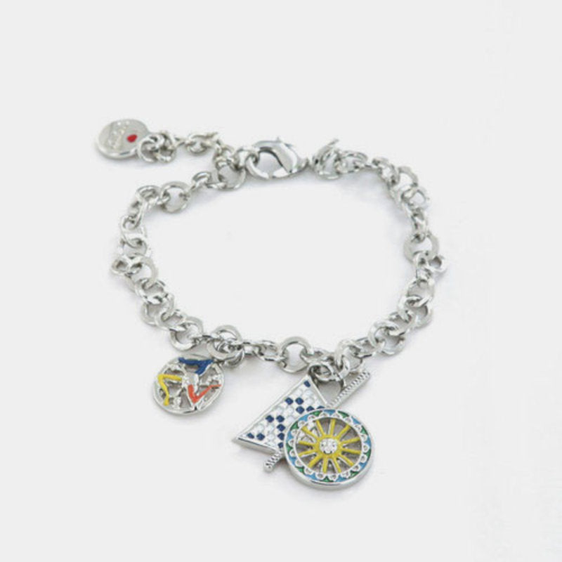 Bracciale in Metallo maglia rolò, con carretto siciliano pendente impreziosito da smalti colorati — collezione ETNA