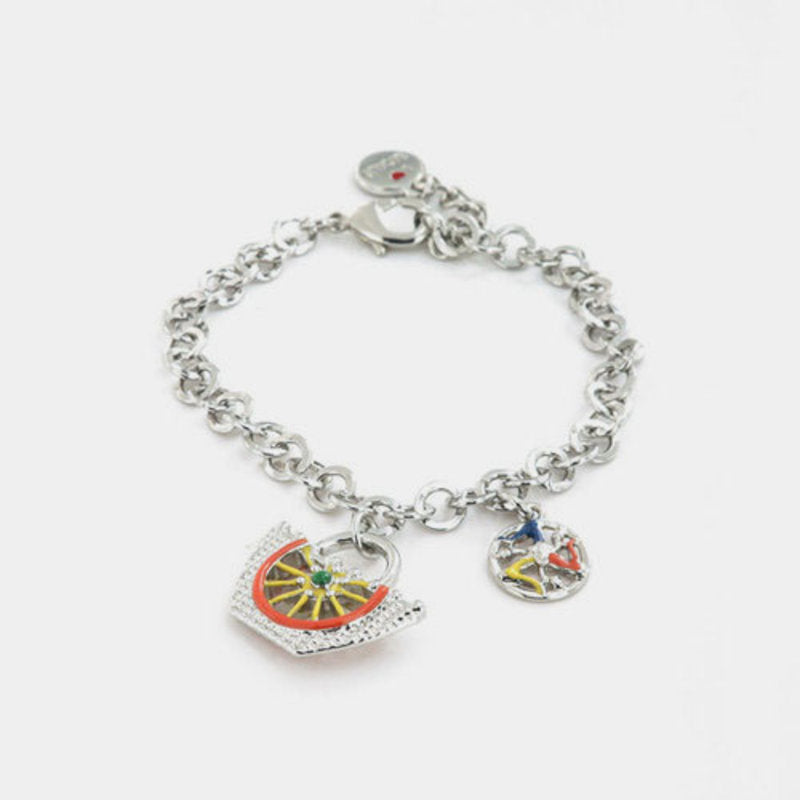 Bracciale in Metallo maglia rolò, con coffa siciliana impreziosita da disegno ruota carretto in smalti colorati — collezione ETNA
