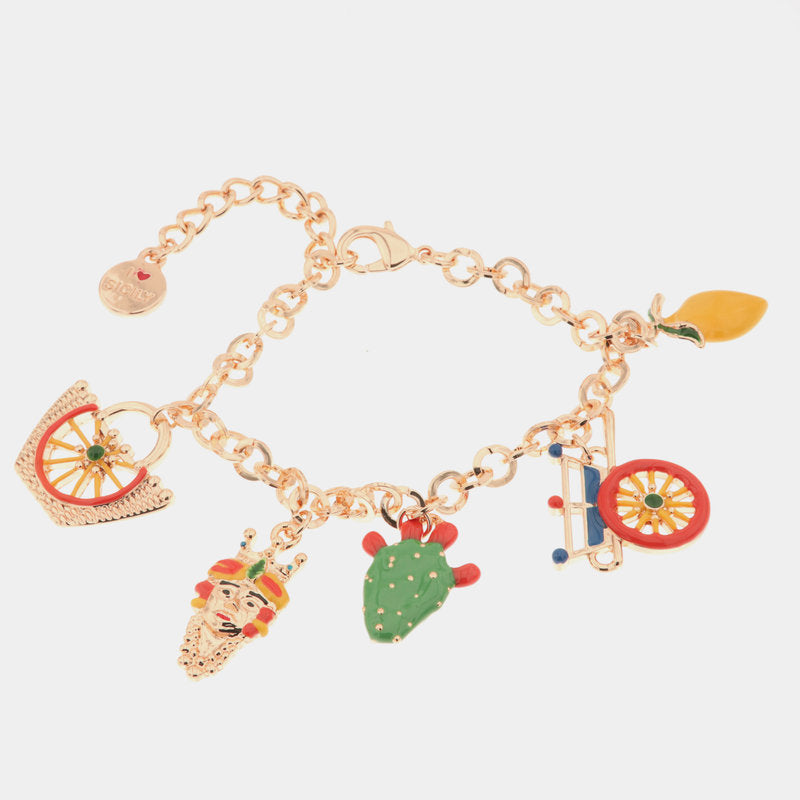 Bracciale in Metallo  oro rosa con charms colorati Sicilia, limone, coffa, testa di moro — collezione ETNA