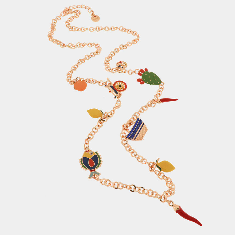 Collana in Metallo con charm siciliani, carretto, coffa, fico d'india, corno portafortuna — collezione ETNA