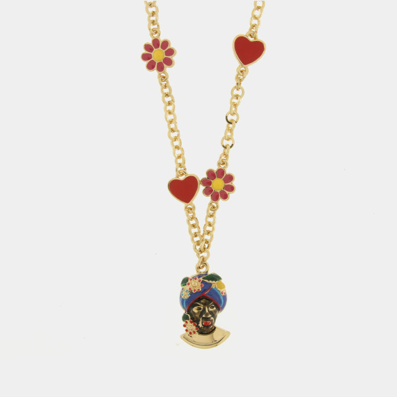 Collana in Metallo con Testa di Moro blu cuori e fiori — collezione ETNA