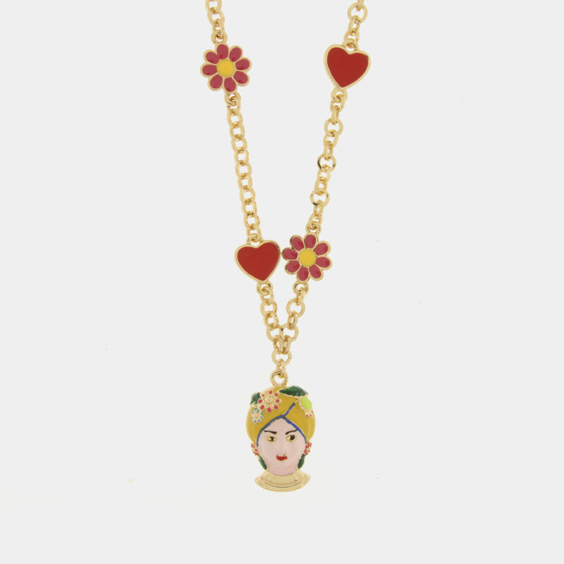 Collana in Metallo con Testa di Moro gialla cuori e fiori — collezione ETNA
