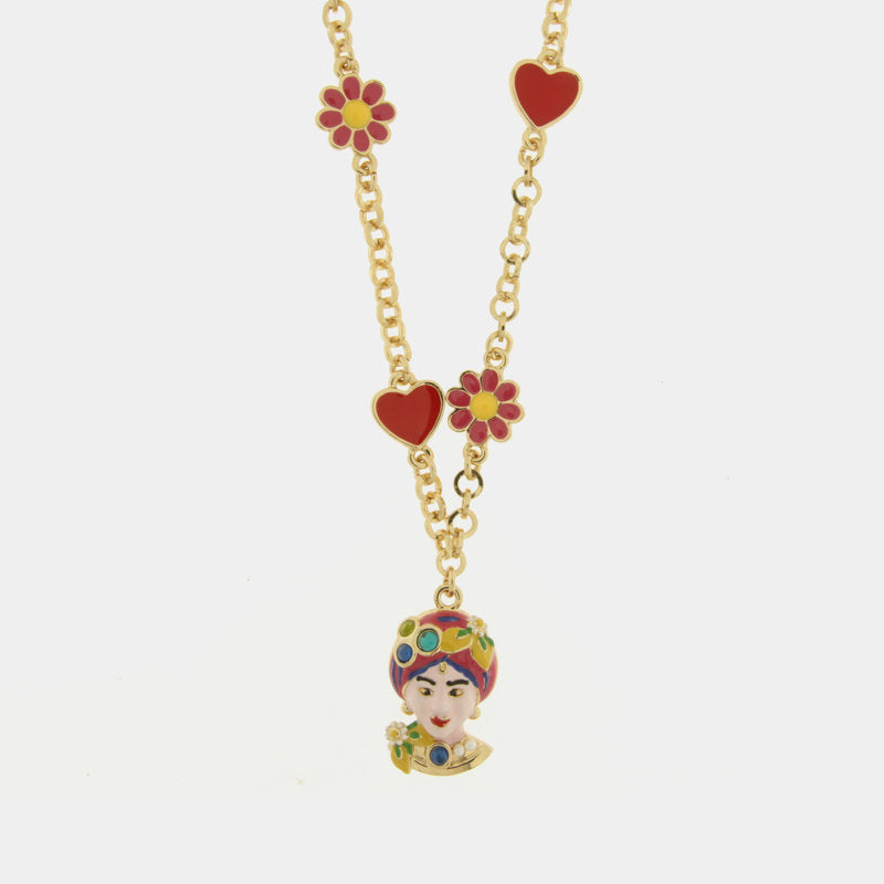 Collana in Metallo con Testa di Moro rosa  cuori e fiori — collezione ETNA