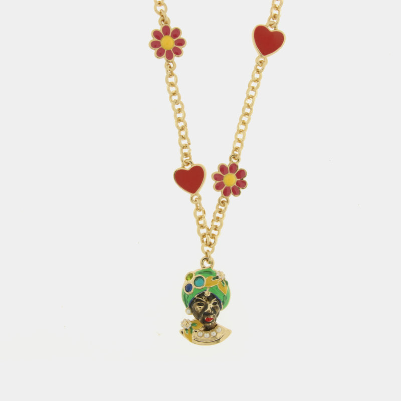 Collana in Metallo con Testa di Moro verde, cuori e fiori — collezione ETNA