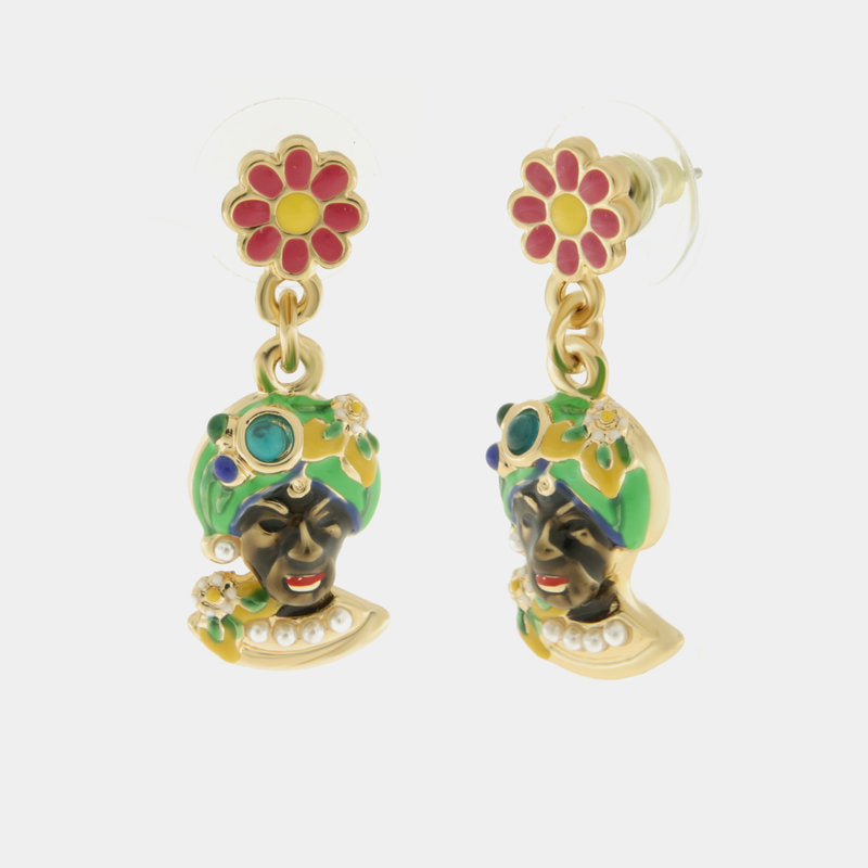 Orecchini in Metallo con Testa di Moro verde e fiore — collezione ETNA