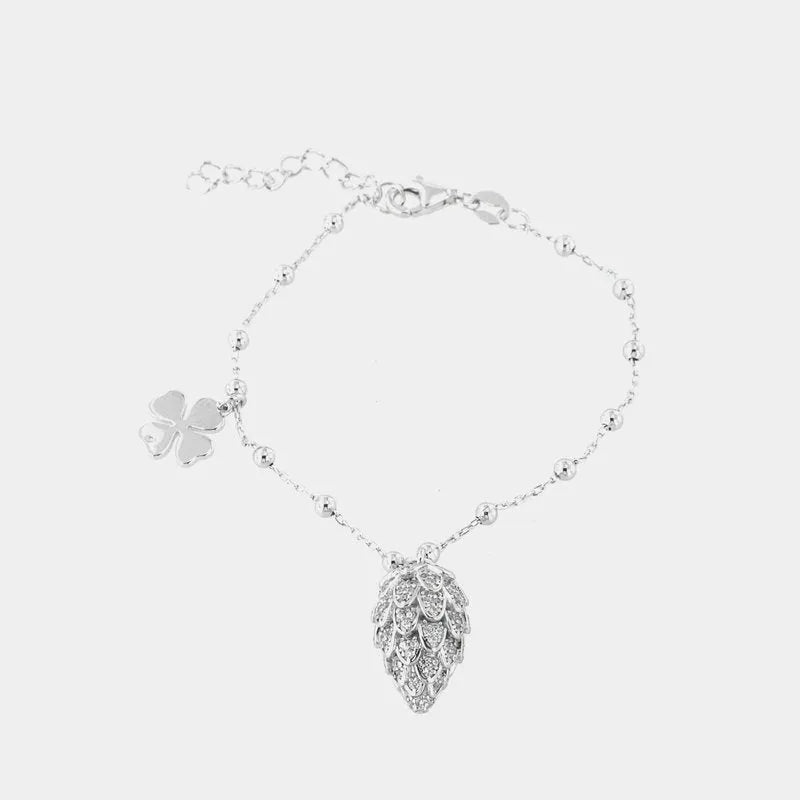 Bracciale in Argento 925 ciondolo pigna con zirconi bianchi e quadrifoglio — collezione PIGNA