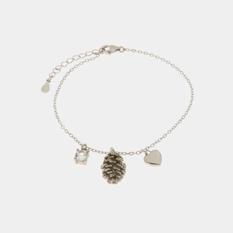 Bracciale in Argento 925 con pigna portafortuna impreziosito da zirconi bianchi e cuore pendente — collezione PIGNA