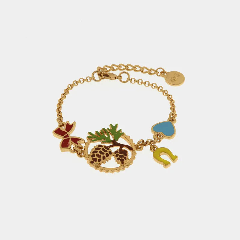 Bracciale in Metallo con pigna, fiocco e ferro di cavallo in smalto colorato — collezione PIGNA