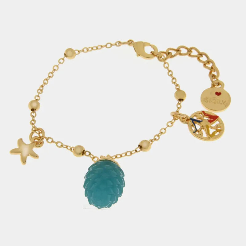 Bracciale in Metallo con pigna  turchese portafortuna e trinacria — collezione PIGNA