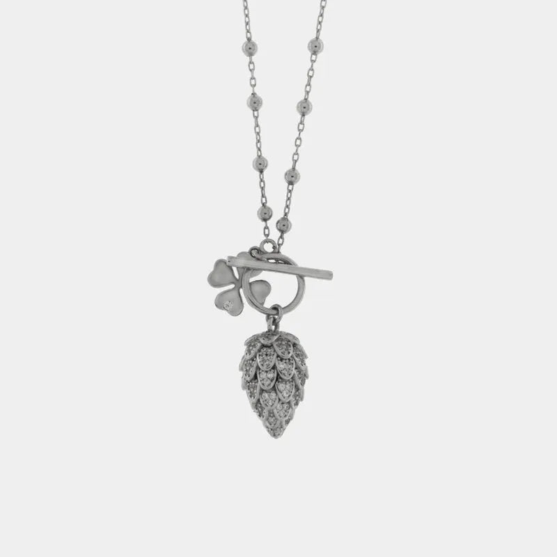 Collana in Argento 925 con pigna pendente, pavè di zirconi bianchi e quadrifoglio con punto luce — collezione PIGNA