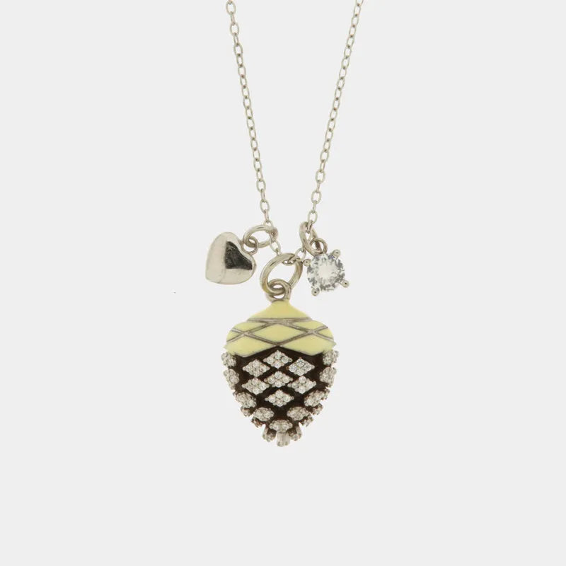 Collana in Argento 925 con pigna portafortuna impreziosito da zirconi bianchi e cuore pendente — collezione PIGNA