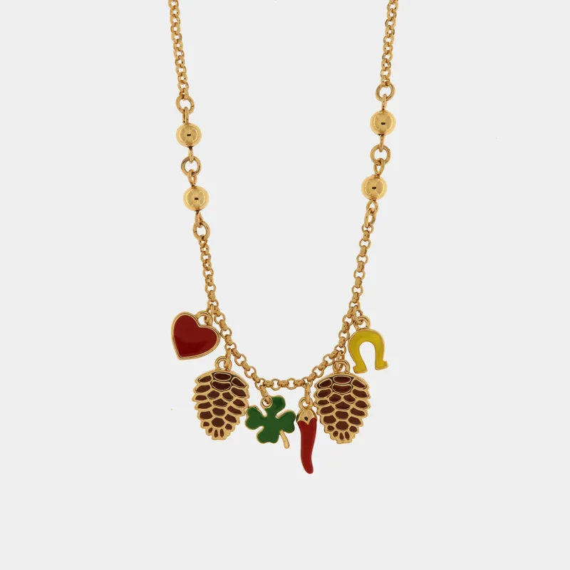 Collana in Metallo con pigne e simboli portafortuna pendenti — collezione PIGNA