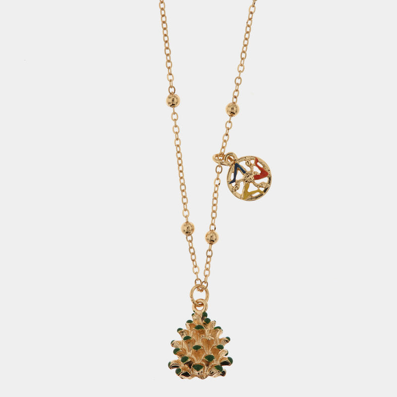 Collana in Metallo maglia a pallini con pigna portafortuna e trinacria pendenti — collezione PIGNA