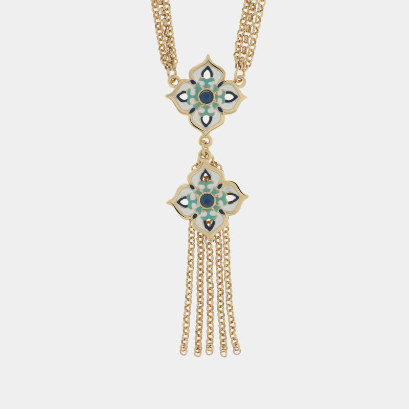 Collana in Metallo con maioliche colorate a forma di croce e frange pendenti — collezione SACRO