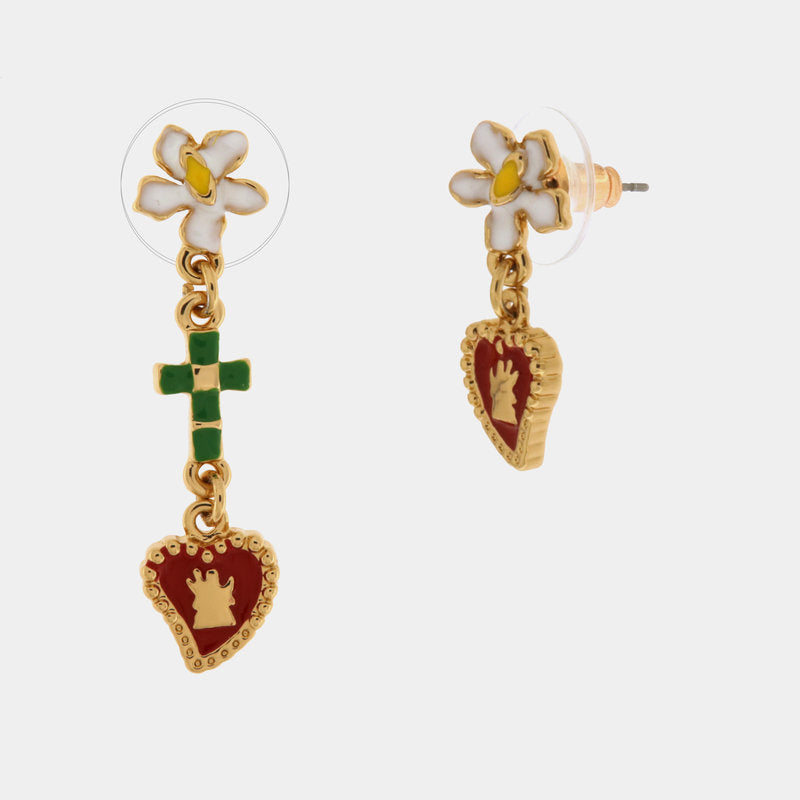 Orecchini in Metallo con cuore sacro, croce pendente e fiore a lobo — collezione SACRO