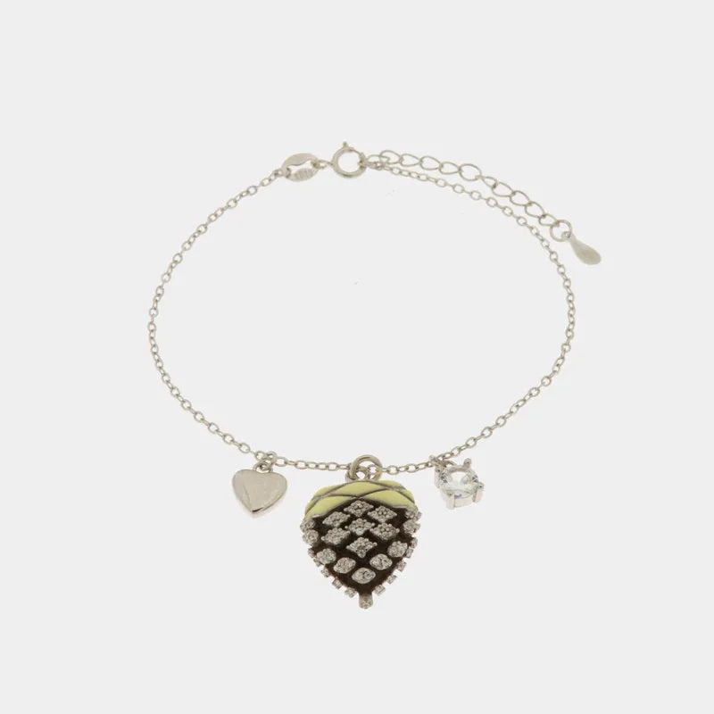 Bracciale in Argento 925 con pigna portafortuna impreziosito da zirconi bianchi e cuore pendente — collezione SICILY 925