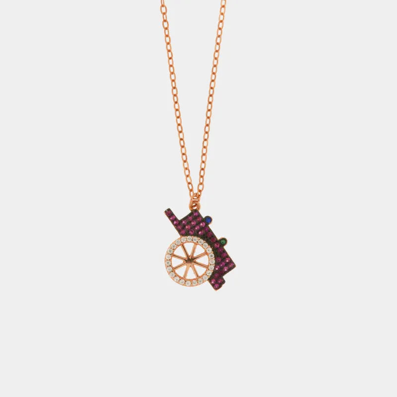 Collana in Argento 925 con ciondolo carretto siciliano, impreziosito da zirconi rossi e bianchi su base brunita — collezione SICILY 925
