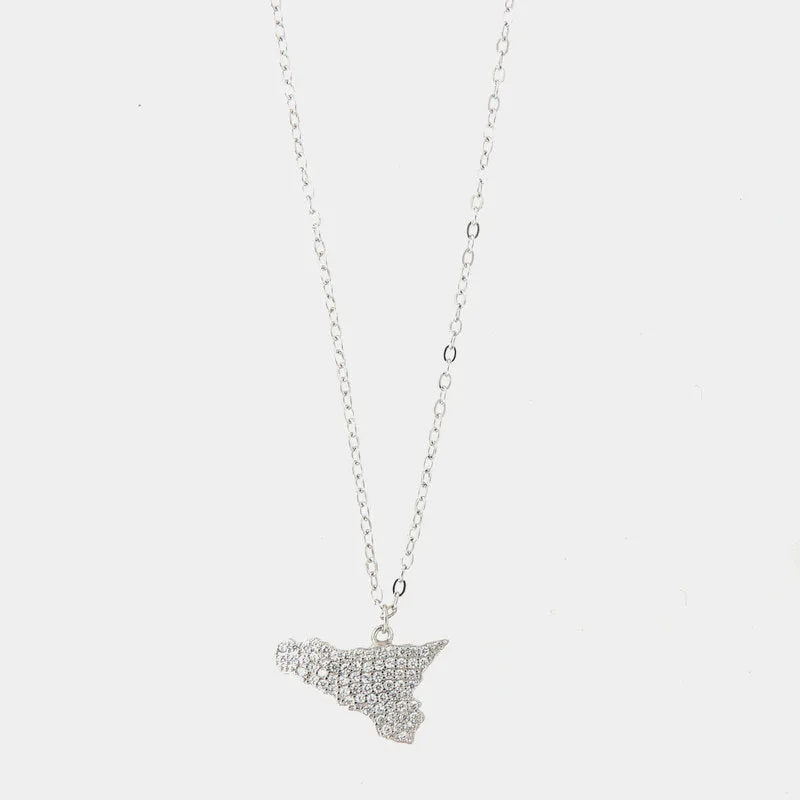 Collana in Argento 925 con ciondolo isola di Sicilia impreziosita da pavè di zirconi bianchi — collezione SICILY 925