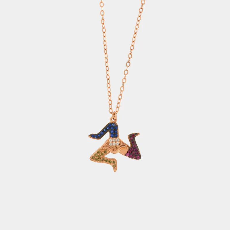 Collana in Argento 925 con ciondolo trinacria siciliana, impreziosita da zirconi multicolore su base brunita — collezione SICILY 925