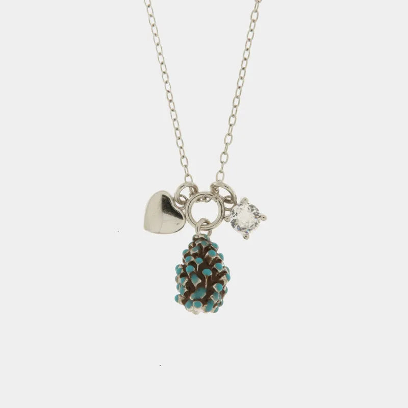 Collana in Argento 925 con pigna portafortuna impreziosito da zirconi bianchi e cuore pendente — collezione SICILY 925