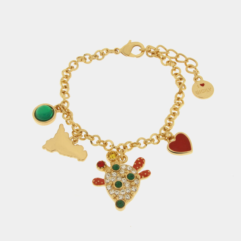 Bracciale in Metallo con cactus e Sicilia con cristalli verdi e cuore rosso — collezione TAORMINA