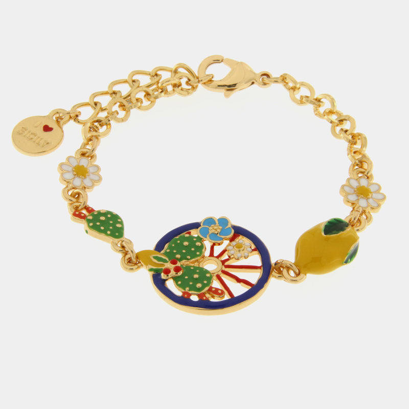 Bracciale in Metallo con ruota blu impreziosita da cactus, limoni e fiori — collezione TAORMINA