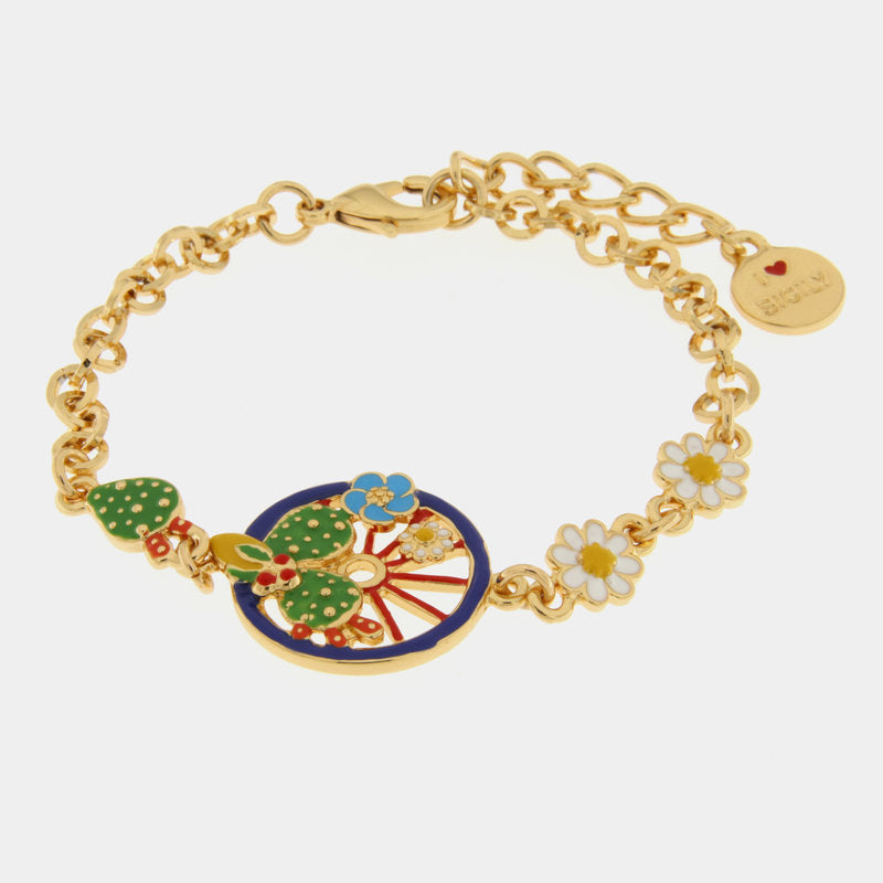 Bracciale in Metallo con ruota blu impreziosita da cactus, limoni e fiori — collezione TAORMINA