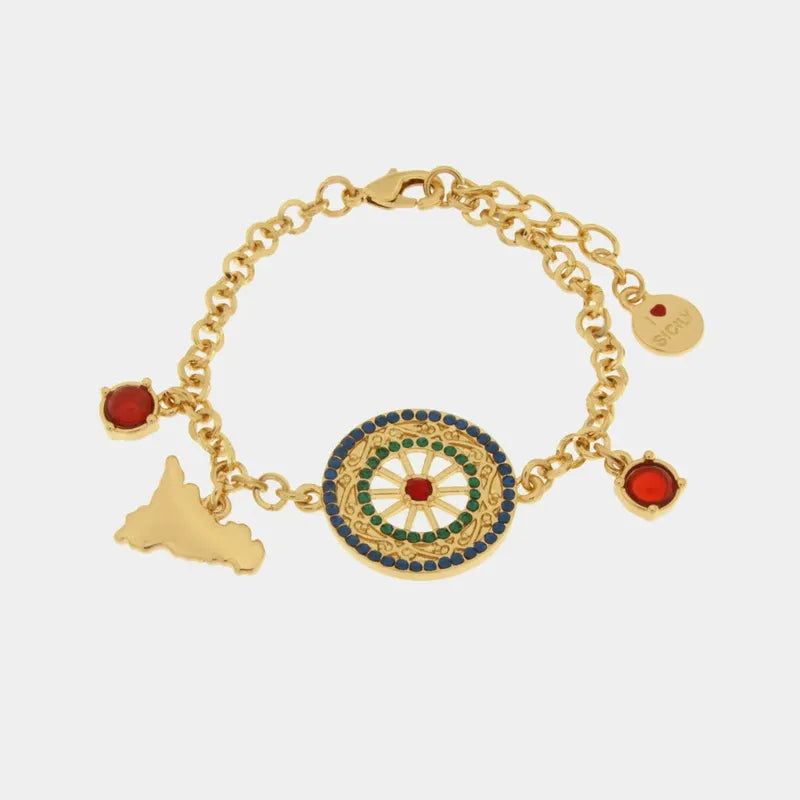 Bracciale in Metallo con ruota e Sicilia con cristalli verdi e rossi — collezione TAORMINA